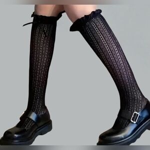 Black Lace Bow Under-the-Knee Socks Calf Highs Ruffle Trim One Size